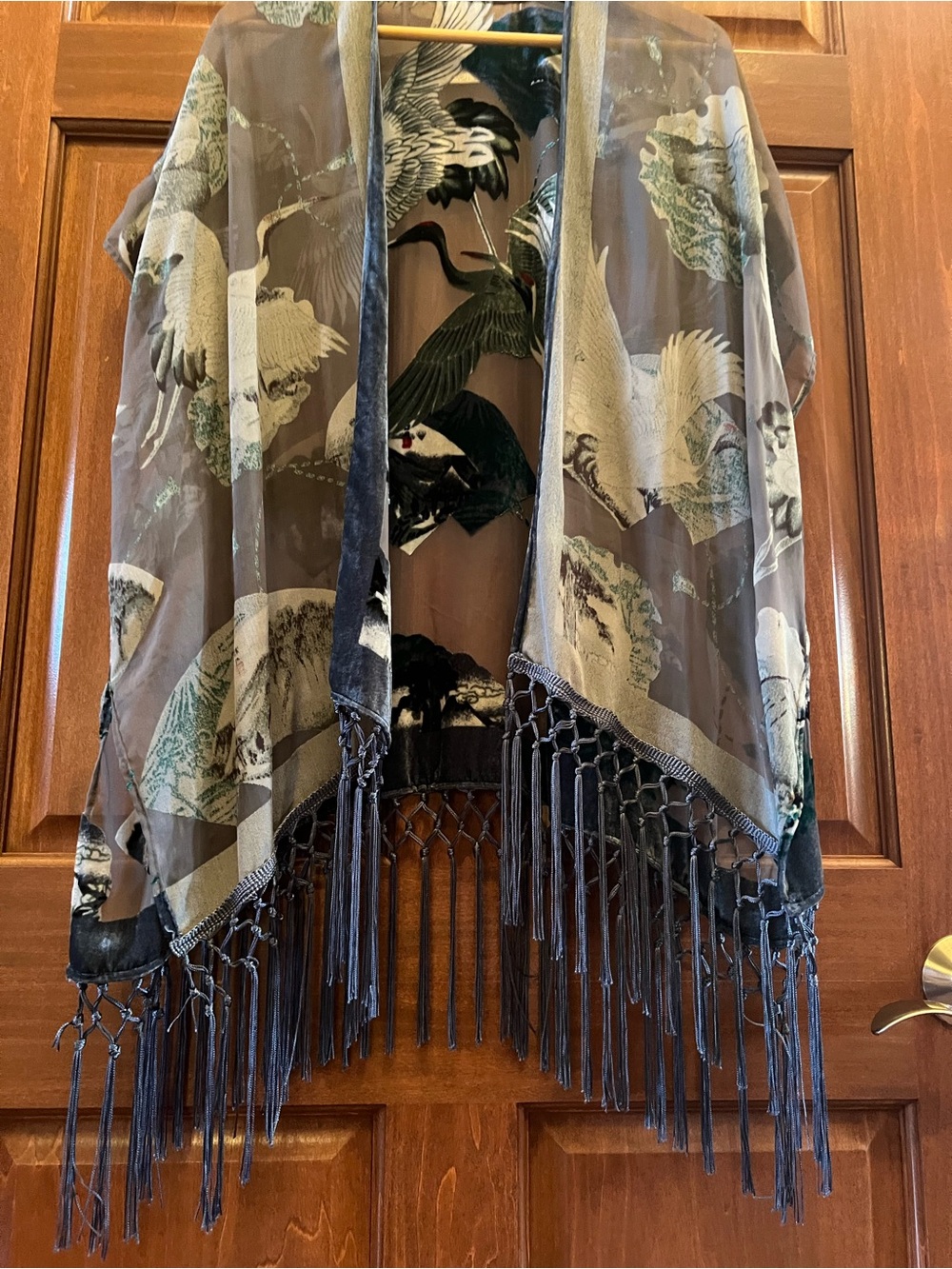 Chico's Kimono Burnout Velvet Open Front with Fringe Green Grey Size S/M - Picture 13 of 17
